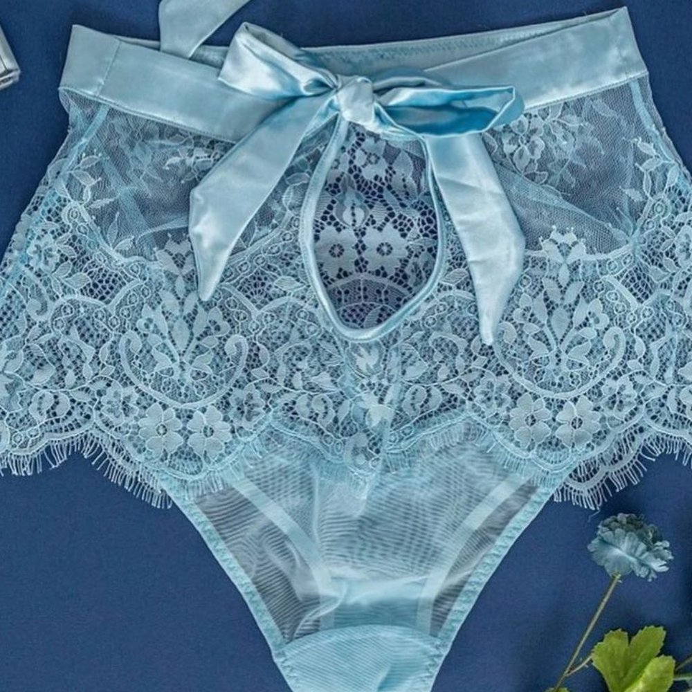 NEW Mentionables Pale/Baby Blue Mesh & Lace High Waist Panty Lingerie NWT Size M